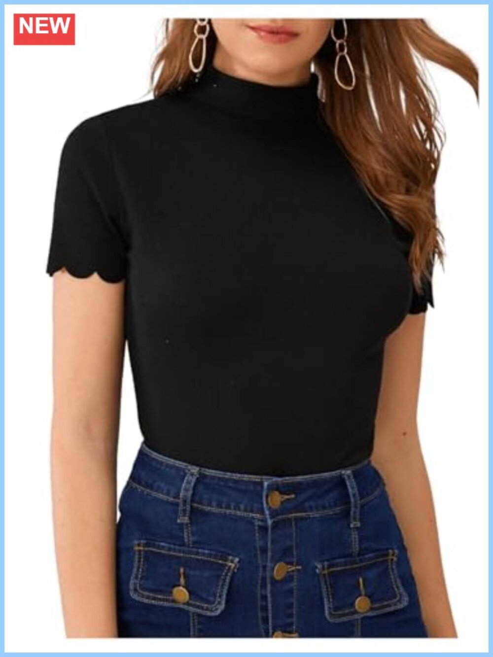 Mock Neck Ribbed Knit Scallop Trim Short Sleeve T-Shirt Slim Fit